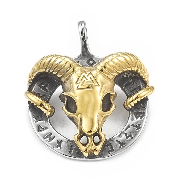 Ion Plating(IP) 304 Stainless Steel Pendants, Sheep with Valknut & Rune Pattern, Antique Silver & Antique Golden, 47x39.5x11mm, Hole: 6x8.5mm