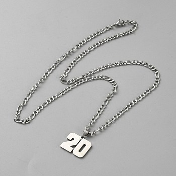 Non-Tarnish 304 Stainless Steel Figaro Chain Number Pendant Necklaces, Stainless Steel Color, Number 20, 24.21 inch(61.5cm), Pendant: 19x22mm