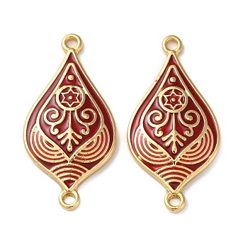 Rack Plating Brass Connector Charms, with Enamel, Long-Lasting Plated, Lead Free & Cadmium Free, Real 18K Gold Plated, Teardrop Links, Dark Red, 33x16x3mm, Hole: 1.8mm