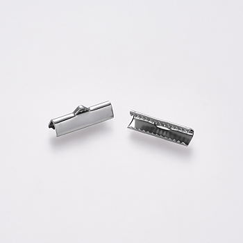 304 Stainless Steel Ribbon Crimp Ends, Stainless Steel Color, 7x20mm, Hole: 1.5x2mm