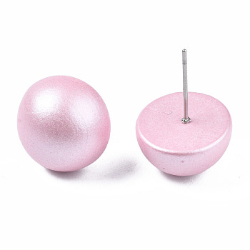 Painted Half Round Schima Wood Earrings for Girl Women, Stud Earrings with 316 Surgical Stainless Steel Pins, Pearl Pink, 15x8.5mm, Pin: 0.7mm