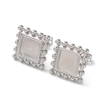304 Stainless Steel Stud Earring Settings, Square Ear Studs with Granulated Edge, Stainless Steel Color, Tray: 6x6mm, 11.5x11.5mm, Pin: 0.7mm