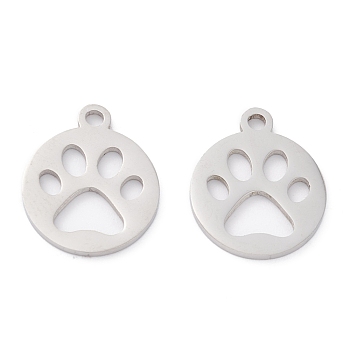 201 Stainless Steel Pendants, Laser Cut, Manual Polishing, Flat Round with Paw Print, Stainless Steel Color, 14x12x1mm, Hole: 1.5mm
