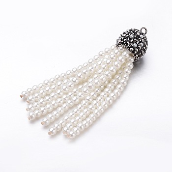 Tassels Glass Beaded Big Pendants, with Polymer Clay Rhinestone and Platinum Tone Brass Findings, White, 68x14mm, Hole: 1.8mm