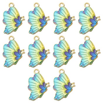 Printed Alloy Pendants, Cadmium Free & Nickel Free & Lead Free, Light Gold, Butterfly, Green Yellow, 21.5x16.5x1.5mm, Hole: 2mm