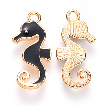 Alloy Enamel Pendants, Sea Horse, Light Gold, Black, 21x11x2mm, Hole: 1.6mm