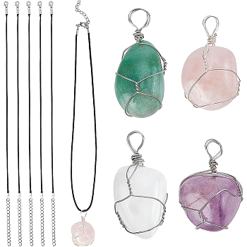 BENECREAT 4Pcs 4 Style Natural Gemstone Wire Wrapped Pendant Necklaces, Irregular Stone Jewelry for Women, 17.72 inch(45cm), 1pc/style