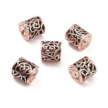 Tibetan Style Alloy Beads, Column with Flower, Red Copper, 16x16mm, Hole: 1.7mm