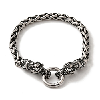 316 Surgical Stainless Steel Wheat Chain Viking Dragon Skull Bracelets, Antique Silver, 8-5/8 inch(22cm)