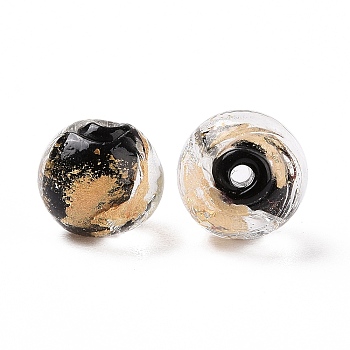 Handmade Gold Foil Glass Beads, Round, Black, 10x9~10mm, Hole: 1.6~2mm