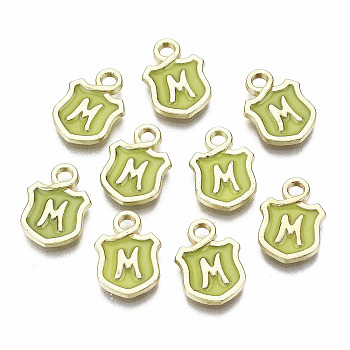Alloy Enamel Charms, Cadmium Free & Lead Free, Shield with Initial Letters, Light Gold, Letter.M, 14x10x2mm, Hole: 2mm