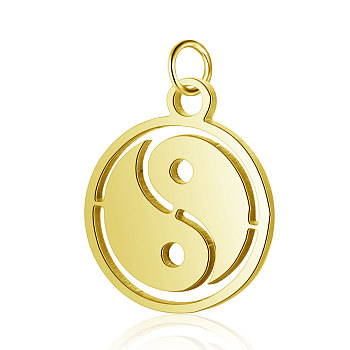 304 Stainless Steel Charms, Flat Round with Tai Ji, Golden, 14x12x1mm, Hole: 2.5mm