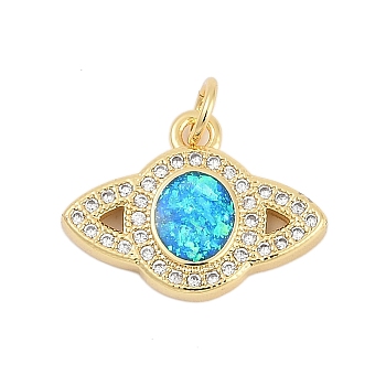 Brass Micro Pave Cubic Zirconia Pendants, Planet Charms, with Synthetic Opal and Jump Ring, Long-Lasting Plated, Rack Plating, Lead Free & Cadmium Free, Real 18K Gold Plated, 14x18.5x3mm, Hole: 3mm