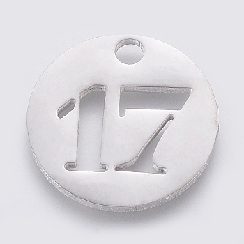 Non-Tarnish 304 Stainless Steel Pendants, Cut-Out, Hollow, Flat Round with Number, Stainless Steel Color, Num.17, 19x1.5mm, Hole: 2.5mm