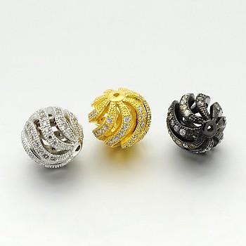 Brass Micro Pave Cubic Zirconia Hollow Round Beads, Cadmium Free & Lead Free, Clear, Mixed Color, 12mm, Hole: 1mm