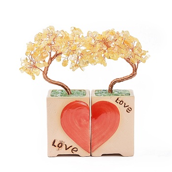 Heart Money Tree Natural Yellow Quartz Bonsai Display Decorations, for Home Office Decor Good Luck, 52x48.5x160mm