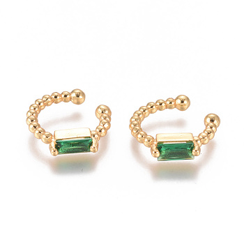 Golden Plated Brass Micro Pave Cubic Zirconia Cuff Earrings, Long-Lasting Plated, Green, 15x2~3mm
