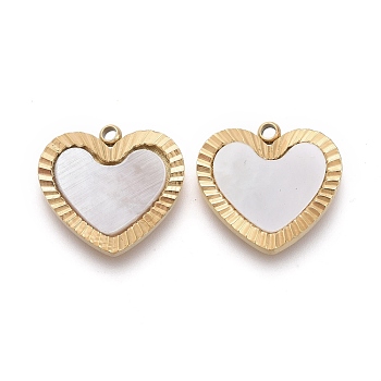 Natural Shell Charms, with Golden Plated 316 Surgical Stainless Steel Findings, Textured, Heart, Seashell Color, 11x12x1.5mm, Hole: 1.5mm