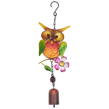 1Pc Spray Painted Iron Wind Chimes, Small Wind Bells Handmade Glass Pendants, Owl, Colorful, 328mm