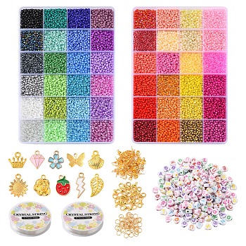 DIY Letter & Seed Beaded Bracelet Keychain Making Kit, Including Glass Seed & Acrylic Heart Beads, Diamond & Flower & Strawberry Alloy Pendants & Clasps, Mixed Color