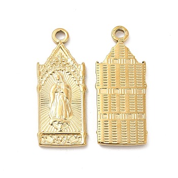 Vacuum Plating 201 Stainless Steel Pendants, Church with Virgin Mary Charm, Real 18K Gold Plated, 28.5x11.5x2mm, Hole: 2mm