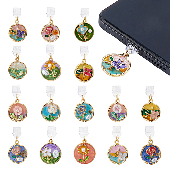 16Pcs 16 Styles PVC Mobile Dustproof Plugs, with Alloy Enamel with ABS Pearl Pendants, Flat Round with Flower Pattern, Golden, Mixed Color, 48mm