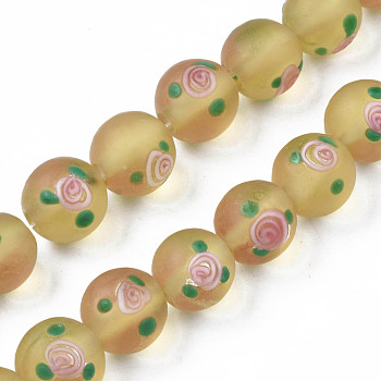 Handmade Frosted Lampwork Beads Strands, Round with Flower, Gold, 11~12mm, Hole: 1.4mm, about 45pcs/strand, 19.69 inch(50cm)