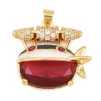 Brass Micro Pave Cubic Zirconia Pendants, with Enamel & Glass, Airship Shape Charms, Cadmium Free & Lead Free, Rack Plating, Long-Lasting Plated, Golden, Red, 24.5x26.5x10.5mm, Hole: 3.5x4mm(CU-CBAB3AD-04G-01)