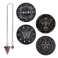 Gorgecraft Butterfly/Pentagram/Moon Phase Pattern Wooden Flat Round Pendulum Board, with Natural Amethyst Cone Shape Drowsing Pendulum, Mixed Patterns, Board: 150x2.5~3mm, 4pcs, Pendulum: 242x2.7mm, 1pc(AJEW-GF0006-88)