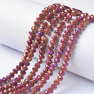 Electroplate Opaque Glass Beads Strands, Full Rainbow Plated, Faceted, Rondelle, Red, 4x3mm, Hole: 0.4mm, about 123~127pcs/strand, 16.5~16.9 inch(42~43cm)(EGLA-A034-P4mm-G07)