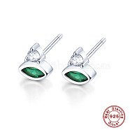 Cubic Zirconia Horse Eye Stud Earrings, Platinum Rhodium Plated 925 Sterling Silver Earrings, with 925 Stamp, Sea Green, 7x6.1mm(LS2614-4)