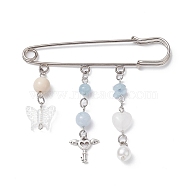 Natural Mixed Gemstone & Butterfly Charms Safety Pin Brooch, Alloy Lapel Pin for Sweater Clasp Pants Waist Extender, Platinum, 67x76x5mm(JEWB-BR00101)