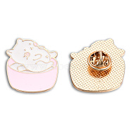 Bowl with Cat Enamel Pin, Light Gold Plated Alloy Cartoon Badge for Backpack Clothes, Nickel Free & Lead Free, Pink, 30x26mm(JEWB-N007-223)