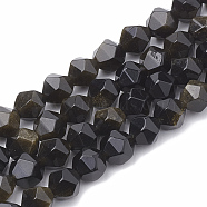 Natural Golden Sheen Obsidian Beads Strands, Star Cut Round Beads, Faceted, 10x9~10mm, Hole: 1mm, about 36~38pcs/strand, 14.2~14.6 inch(G-S332-10mm-012)