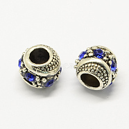 Alloy Rhinestone European Beads, Rondelle Large Hole Beads, Antique Silver, Sapphire, 11x10mm, Hole: 5mm(MPDL-R036-08B)