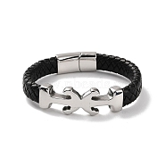 Men's Braided Black PU Leather Cord Bracelets, Anchor 304 Stainless Steel Link Bracelets with Magnetic Clasps, Stainless Steel Color, 8-3/8 inch(21.3cm)(BJEW-K243-29P)