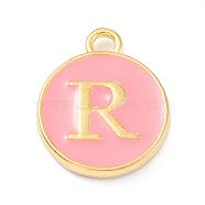 Golden Plated Alloy Enamel Charms, Enamelled Sequins, Flat Round with Alphabet, Letter.R, Pink, 14x12x2mm, Hole: 1.5mm(X-ENAM-Q437-14R)