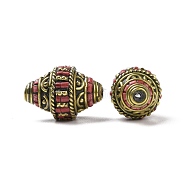 Handmade Tibetan Style Beads, with Brass Findings and Synthetic Turquoise, Bicone, Antique Golden, Indian Red, 25x16mm, Hole: 1.6mm(TIBEB-C002-04A-AG)