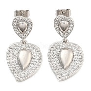 Brass Pave Cubic Zirconia Stud Earrings for Women, Heart, Heart, 30x15.5mm(EJEW-U005-07P)