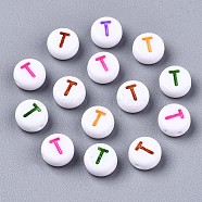 Opaque White Acrylic Beads, Flat Round with Mixed Color Letter, Letter.T, 7x3.5mm, Hole: 1.2mm, about 4000pcs/500g(MACR-N012-01T)