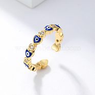 Brass Micro Pave Cubic Zirconia Cuff Rings, with Enamel, Heart with Evil Eye, Blue, Inner Diameter: 16~18mm(BR9134-2)