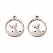 201 Stainless Steel Pendants, Flat Round with Mermaid Tail Shape Charms, Stainless Steel Color, 16x13.5x1mm, Hole: 1mm(STAS-E188-07P)