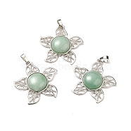Natural Green Aventurine Pendants, Flower Charms, with Rack Plating Platinum Tone Brass Findings, Cadmium Free & Lead Free, 38x37x7~7.5mm, Hole: 8x5mm(G-B033-02P-17)