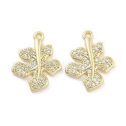 Brass Micro Pave Clear Cubic Zirconia Pendants, Leaf, Real 18K Gold Plated, 23x18x3mm, Hole: 1.2mm(ZIRC-P120-13G)