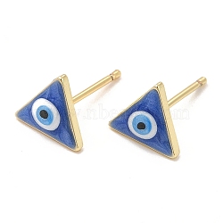 Enamel Triangle with Evil Eye Stud Earrings, Real 18K Gold Plated Brass Jewelry for Women, Blue, 8x9mm, Pin: 0.8mm(EJEW-E274-04G-08)