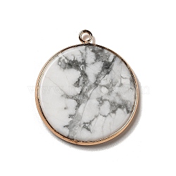 Natural Howlite Pendants, Flat Round Charms, with Golden Plated Brass Frame, 35x31x3~3.5mm, Hole: 2.5mm(G-A213-01G-05)