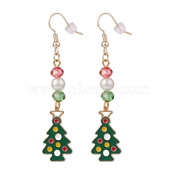 Enamel Christmas Tree with Glass Pearl Dangle Earrings, Gold Plated Brass Jewelry for Women, Colorful, 65mm, Pin: 0.8mm(EJEW-JE04961-04)