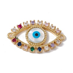 Rack Plating Brass Micro Pave Colorful Cubic Zirconia Connector Charms, Evil Eye Link, with Shell Cabochon, Cadmium Free & Nickel Free & Lead Free, Eye, Real 18K Gold Plated, 16.5x27.5x4mm, Hole: 1.5mm(KK-G439-65G)