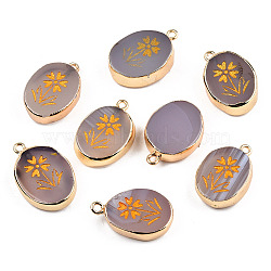 Natural Agate Pendants, with Light Gold Plated Brass Edge & Iorn Loops, Gold Powder, Dyed & Heated, Oval with Flower Charm, Rosy Brown, 23~24x15~16.5x4~6.5mm, Hole: 1.6mm(G-N326-154E)