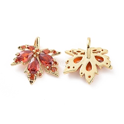 Brass Micro Pave Cubic Zirconia Pendants, Real 18K Gold Plated, Maple Leaf Charm, Orange Red, 17x17x3mm, Hole: 2x5mm(KK-E068-VC399)